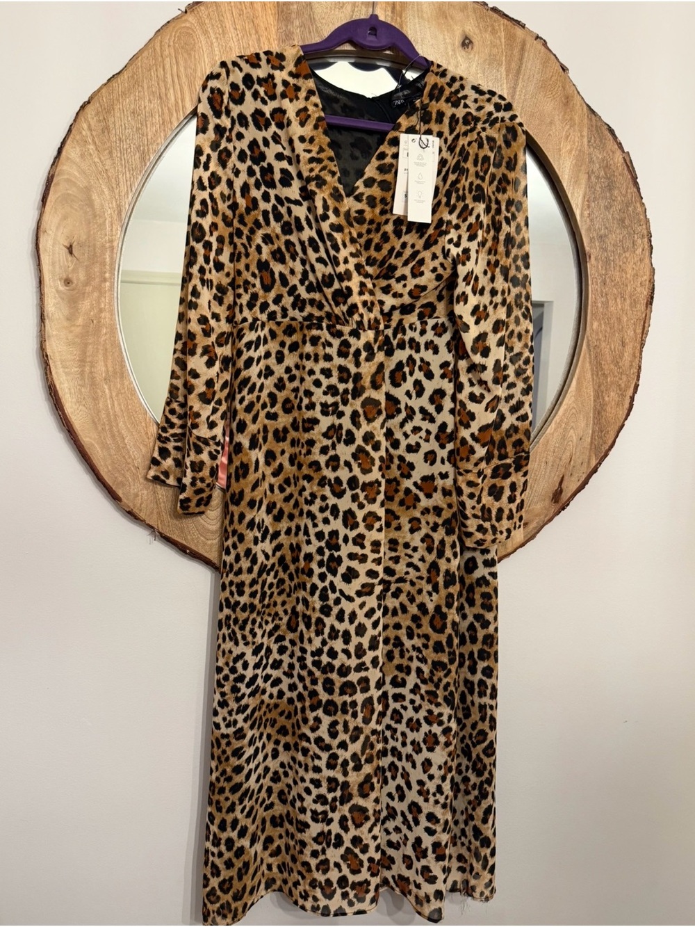 Zara Leopard-Print Long Sleeve Wrap Midi Dress in Brown and Tan